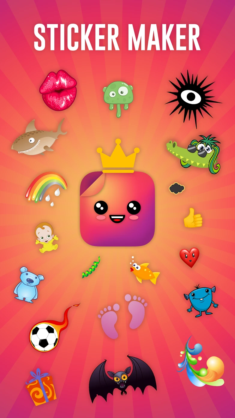 Sticker Maker home screen — the crowned app icon surrounded by a ring of colorful stickers including glittery lips, a green blob monster, a shark, a rainbow, a crocodile, a teddy bear, a flaming soccer ball, a bat and a gift box