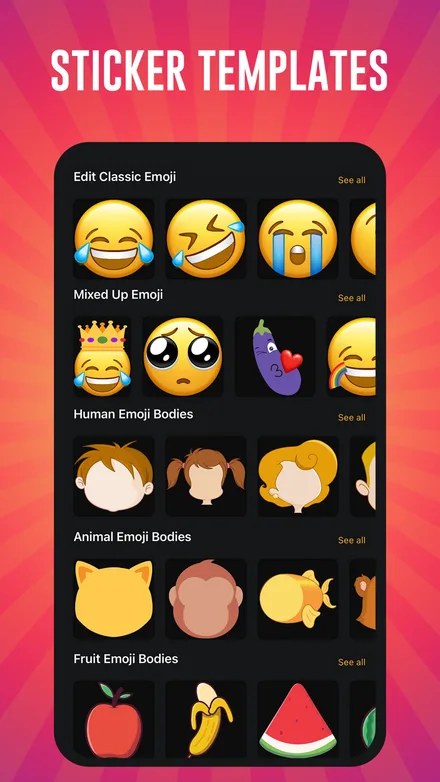 Sticker Templates browser with rows for Edit Classic Emoji, Mixed Up Emoji, Human Emoji Bodies, Animal Emoji Bodies and Fruit Emoji Bodies