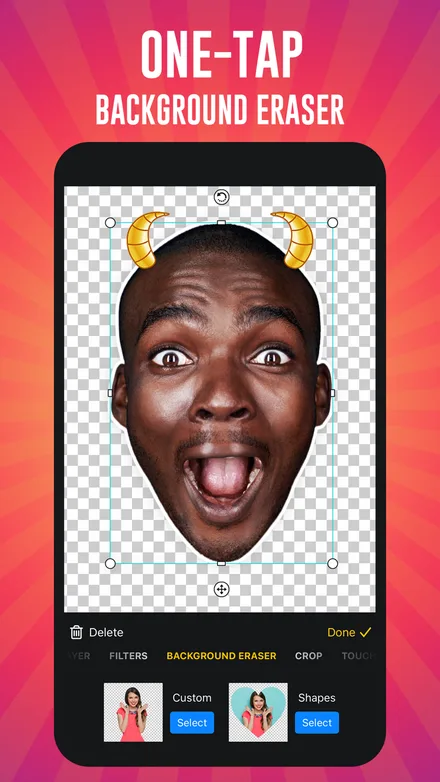 One-tap background eraser — a surprised face cut out of its photo onto a transparent canvas with gold horn stickers attached, and Custom and Shapes cut-out options below