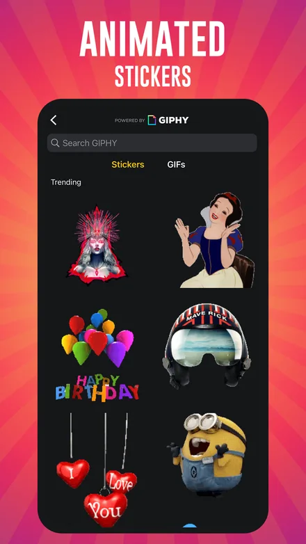Animated stickers search powered by GIPHY showing trending stickers with Stickers and GIFs tabs